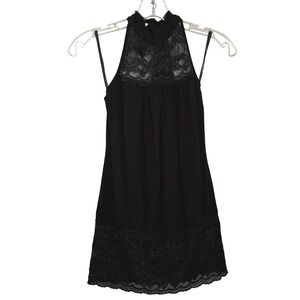 Vintage Y2K Bebe Halter Long Top Black Lace Trim Back Tie Going Out Top - Medium
